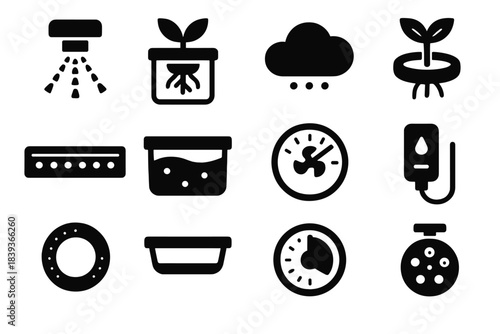 Aeroponic Icon Set. Aeroponic Growth Systems silhouette set: spray jet cartridge, aeroponic root bay, mist diffusion cloud, plant stem collar, LED bloom bar, nutrient sump bin,