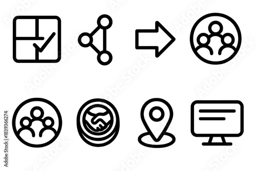 Community Protocol Icons. Community Protocol Framework linear set: group-defined rule tile, open-forum node, consensus arrow, shared-guidance bar, community oversight ring,