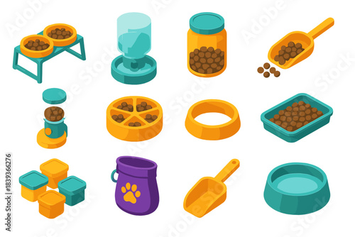Pet Feeding Essentials. Pet Nutrition Setup isometric flat set: dual bowl stand, filtered water unit, kibble jar, pellet scoop, snack holder, portion divider, anti-slip ring,