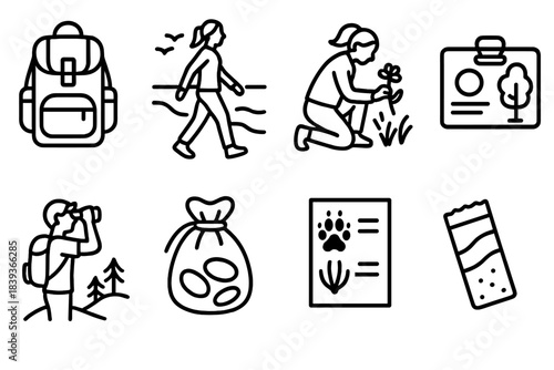 Outdoor Activity Icons. Nature Recreation Set linear set: day hike pack, shoreline stroll, meadow flower pick, tree ID card, hilltop lookout, pebble collecting pouch, wildlife