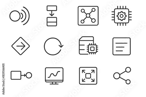 AI System Diagram. AI System Framework Elements linear set: sensing node, preprocessing stage, feature module, model engine, decision gate, feedback cycle, memory store, ruleset