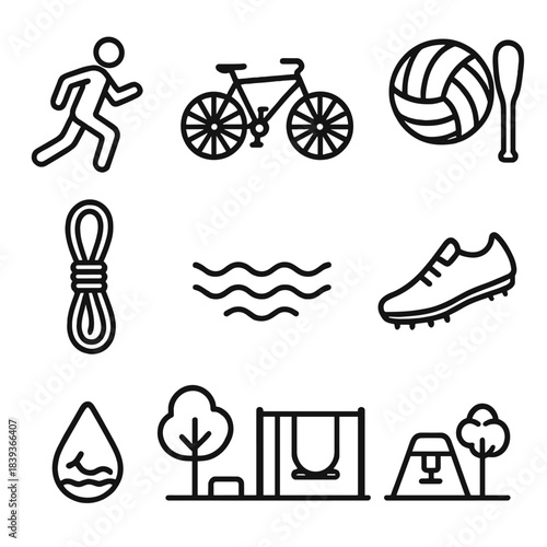 Outdoor Activity Icons. Active Outdoors Set linear set: jogging figure, mountain bike, volleyball, paddle icon, climbing rope, open water symbol, sprint spikes, park activity zone.