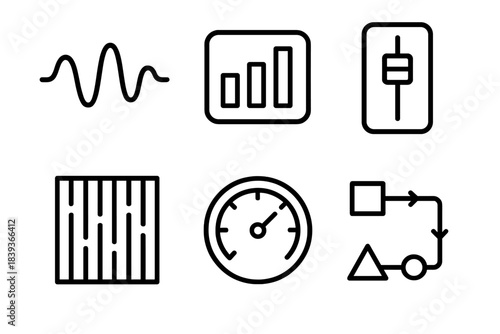 Audio Engineering Icons. Sound Engineering Concepts linear set: waveform curve, frequency band icon, audio mixer slider, acoustic panel, sound pressure gauge, signal path diagram.