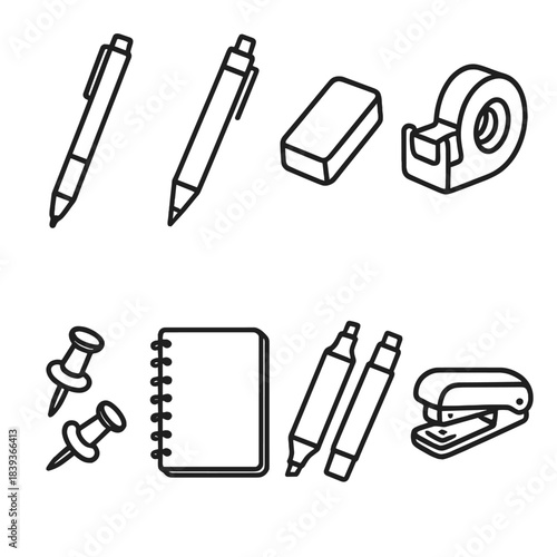 Stationery Essentials Icons. Desk Stationery Essentials linear set: fine-liner pen, mechanical pencil, eraser, tape dispenser, push pins, spiral notebook, marker duo, mini stapler.