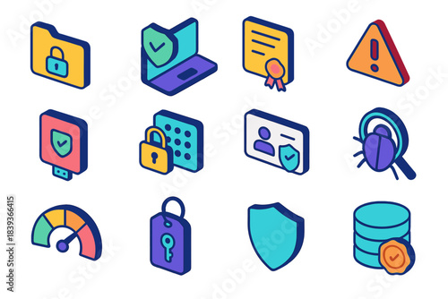 Isometric Security Icons. Information Security Tools isometric flat set: encrypted folder, safe connection icon, security certificate badge, intrusion alert, secure backup drive,