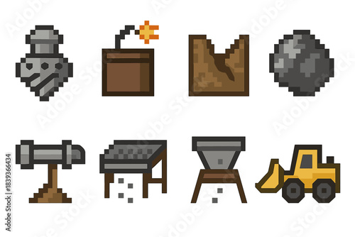 Pixel Mining Icons. Extraction operations set set of icons in flat pixel vector style: drill head, blast charge symbol, excavated trench, raw ore chunk, slurry line, shaker table,