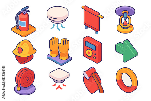 Colorful Fire Safety Icons. Fire Protection Gear flat isometric set: extinguisher tile, smoke alarm node, blanket bar, sprinkler system ring, helmet patch, fire gloves stripe,