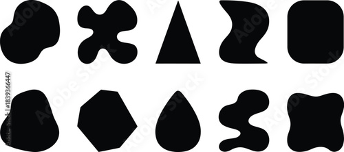 Collection of 10 two-dimensional (2D) shapes, which are a mix of geometric and organic forms