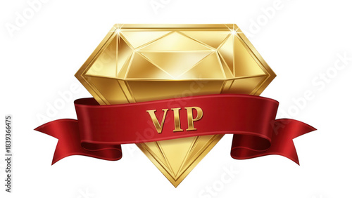 VIP golden diamond badge with red ribbon banner, isolated on transparent background