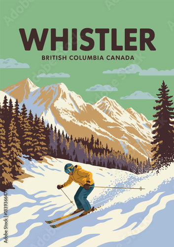 Whistler Ski Resort Vintage Travel Poster Canada British Columbia Winter Landscape