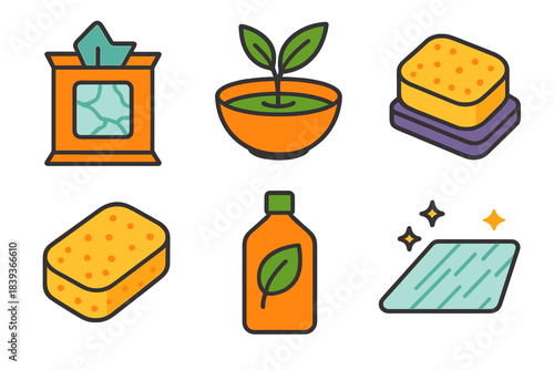 Eco-Friendly Cleaning Icons. Natural Surface Care flat set: marble-friendly wipe, plant soap bowl, soft grain sponge, surface buffer, eco polish, clean texture line.