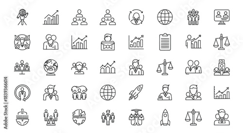 Business and management icons representing various aspects of the corporate world isolated on