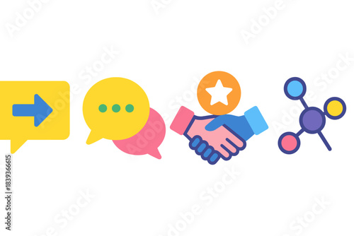 Collaborative Communication Icons. Collaborative Communication Steps flat set: guidance-prompt tile, constructive-reply bead, trust-building node.