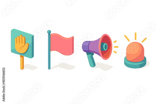 Colorful Communication Icons. Communication Aids flat isometric set: hand signal panel, lightweight flag, tone emitter.