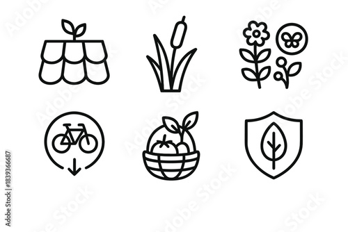 Eco Icons Collection. Environmental Protection Practices linear set: green roof tile, wetland reed, biodiversity cluster, cycle path marker, eco-harvest basket, preservation shield