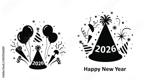 Festive new year celebration with balloons party hats and confetti design