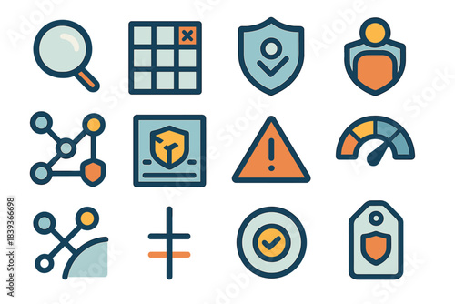 Protective Design Icons. Protective Design Framework flat set: safety lens, risk-mapping grid, shielded concept sketch, secure user journey, protection principles card, safeguarded