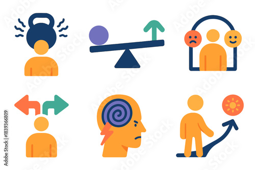 Emotional Conflict Icons. Personal Conflict Load Set flat set: stress-weight symbol, divided intention beam, emotional imbalance arc, mind tension grid, tough-choice icon, internal