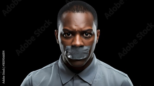 African-American man removing tape from mouth on dark background. Stop racism