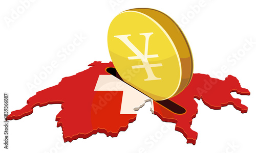 Switzerland flag map acting as a piggy bank receiving a giant golden yen coin. Concept for foreign investment, Swiss finance, or taxation. (cut out)