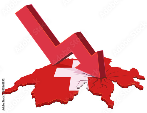 Switzerland map (flag colors) cracked by a giant red arrow plunging downward. Concept for economic crisis, recession, or financial shock in Europe. (cut out)