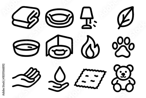 Cozy Pet Comforts. Comforting Pet Environment linear set: warm blanket, nest cushion, soft lighting, gentle aroma leaf, water bowl, cozy corner icon, calm flame, slow steps, soft