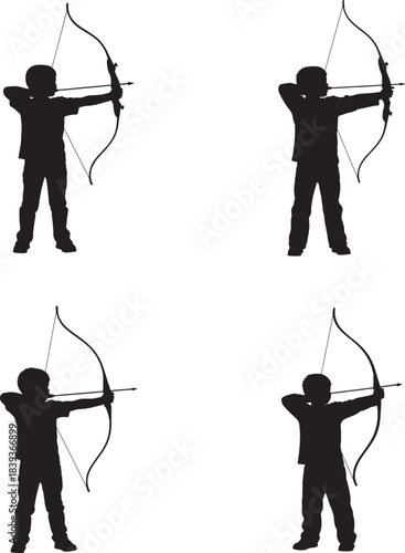 Four silhouettes of children practicing archery with bows and arrows