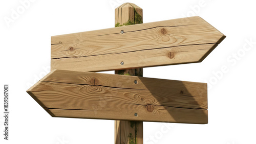 Wooden direction signpost with two arrow boards, isolated on transparent background