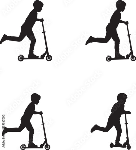 Four silhouettes of children riding scooters in different poses