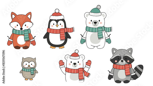 Cute winter animals set fox, penguin, polar bears, owl, and raccoon wearing scarves and hats, isolated on transparent background