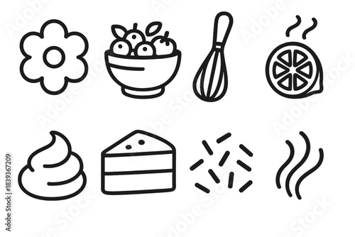Spring Baking Icons. Spring Baking linear set: flower-shaped cookie, berry bowl, whisk tool, citrus zest, light frosting swirl, airy sponge slice, pastel sprinkles, fresh aroma