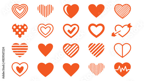 Various orange heart love icons set