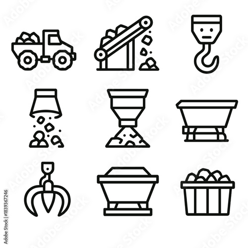 Construction Equipment Icons. Extraction Site Handling Gear linear set: rock loader, belt transfer, rubble chute, aggregate scoop, hoist hook, storage hopper, tipping pan, site bin