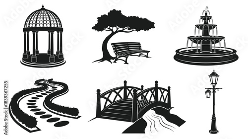 Black and white illustration of park elements gazebo fountain bridge and more