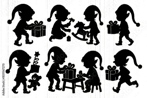 Silhouette Bundle of Christmas Elves – Santa’s Helpers Making Toys & Wrapping Gifts