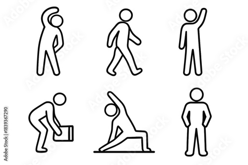 Everyday Activity Icons. Everyday Activity Set linear set: gentle stretch, casual stroll, reach-up motion, bend-and-lift icon, home exercise pose, relaxed stance.