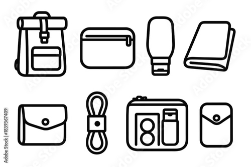 Essential Travel Icons. Simple travel kit linear set: roll-top pack, flat travel case, silicone bottle, travel cloth, zipper pouch, coin sleeve, cable wrap, pocket hygiene kit.