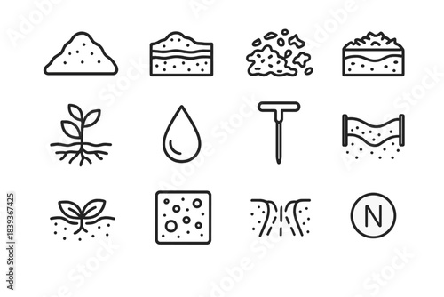 Soil Care Icons. Soil & Land Care linear set: fertile soil mound, soil layers, compost mix, mulch cover, root network, moisture drop, soil probe, erosion barrier, ground cover