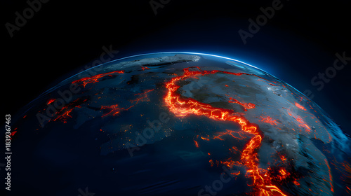 Glowing red continent floating over a city, with luminous tectonic cracks spreading ominously.