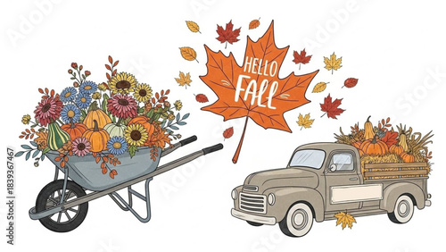 Hello Fall Autumn Set – Wheelbarrow with Flowers, Maple Leaf Quote & Pumpkin Truck Illustrations