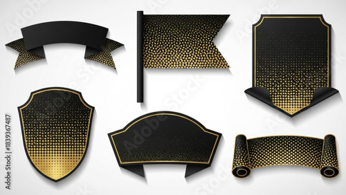 Black Layered Paper Banners Set – Geometric Shapes with Golden Halftone Accents Vector