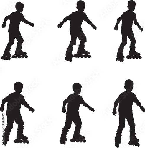 Silhouettes of children rollerblading in various dynamic poses