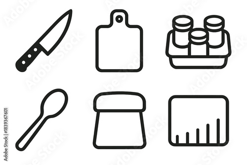 Culinary Prep Tools. Culinary Prep Toolkit linear set: utility knife, prep board, ingredient containers, mixing spoon, scraper, organization gauge.