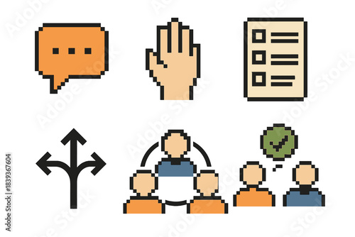 Group Decision Icons. Group Decision-Making set of icons in flat pixel vector style: discussion bubble, raised hand, option list, choice arrow, team circle, consensus icon.