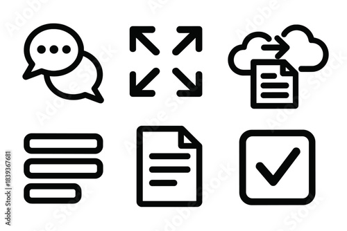 Brutalistic Team Icons. Team Communication Set silhouette set: group chat bubbles, coordination arrows, task handoff icon, status update board, collaboration cloud, aligned speech