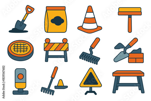 Urban Repair Icons. City Repair Essentials flat set: street patch shovel, pothole mix bag, traffic cone, road brush, utility access cover, safety barrier panel, drainage grate tool