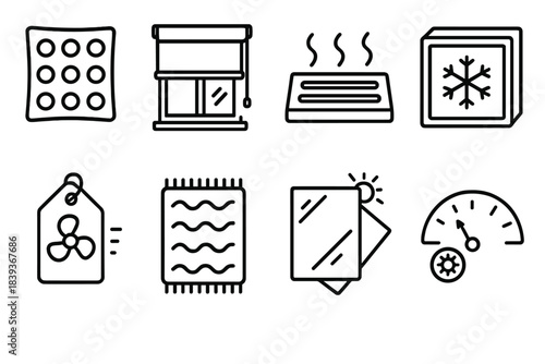 Home Cooling Icons. Home Heat Mitigation Tools linear set: cooling gel pack, window shade band, airflow diffuser, insulated panel, fan-speed tag, cool zone rug, reflective barrier