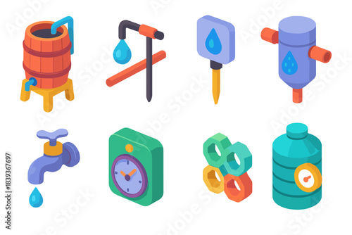 Water Conservation Icons. Integrated water conservation flat isometric set: rainwater barrel, drip emitter, moisture sensor, greywater filter, low-flow faucet icon, irrigation
