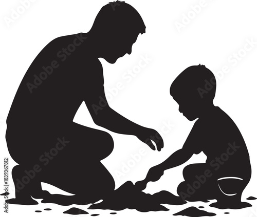  father and son playing in the sand silhouette vector