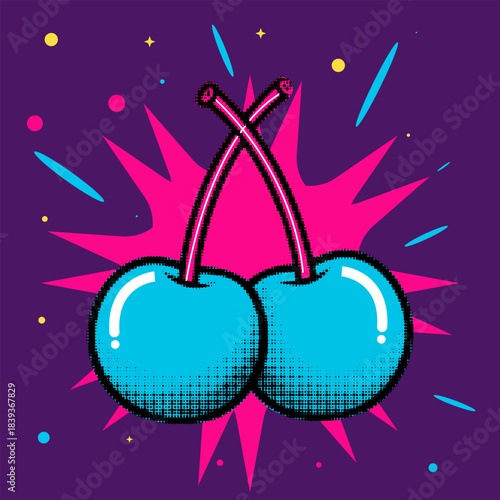 Pop art style cherry pair with bold halftone shading and vibrant comic burst on a dark purple background, vector illustration